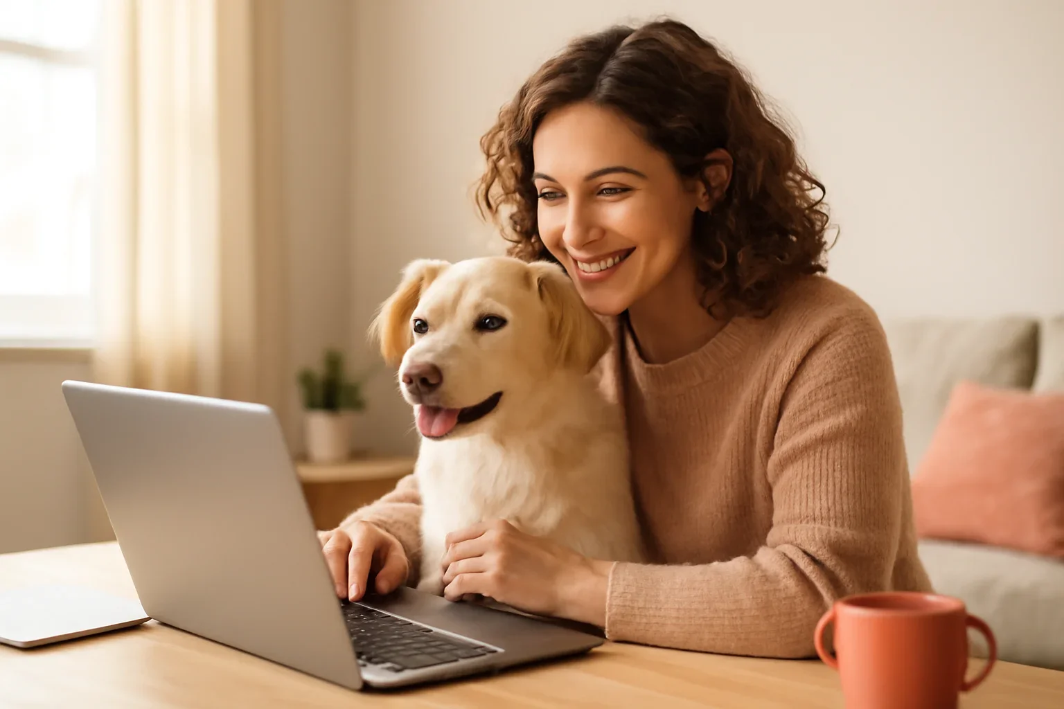 Dog owner comparing dog insurance options at home